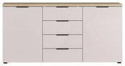 Modernes Sideboard mit hellem Holzdeckel und weißen Fronten, frontal betrachtet