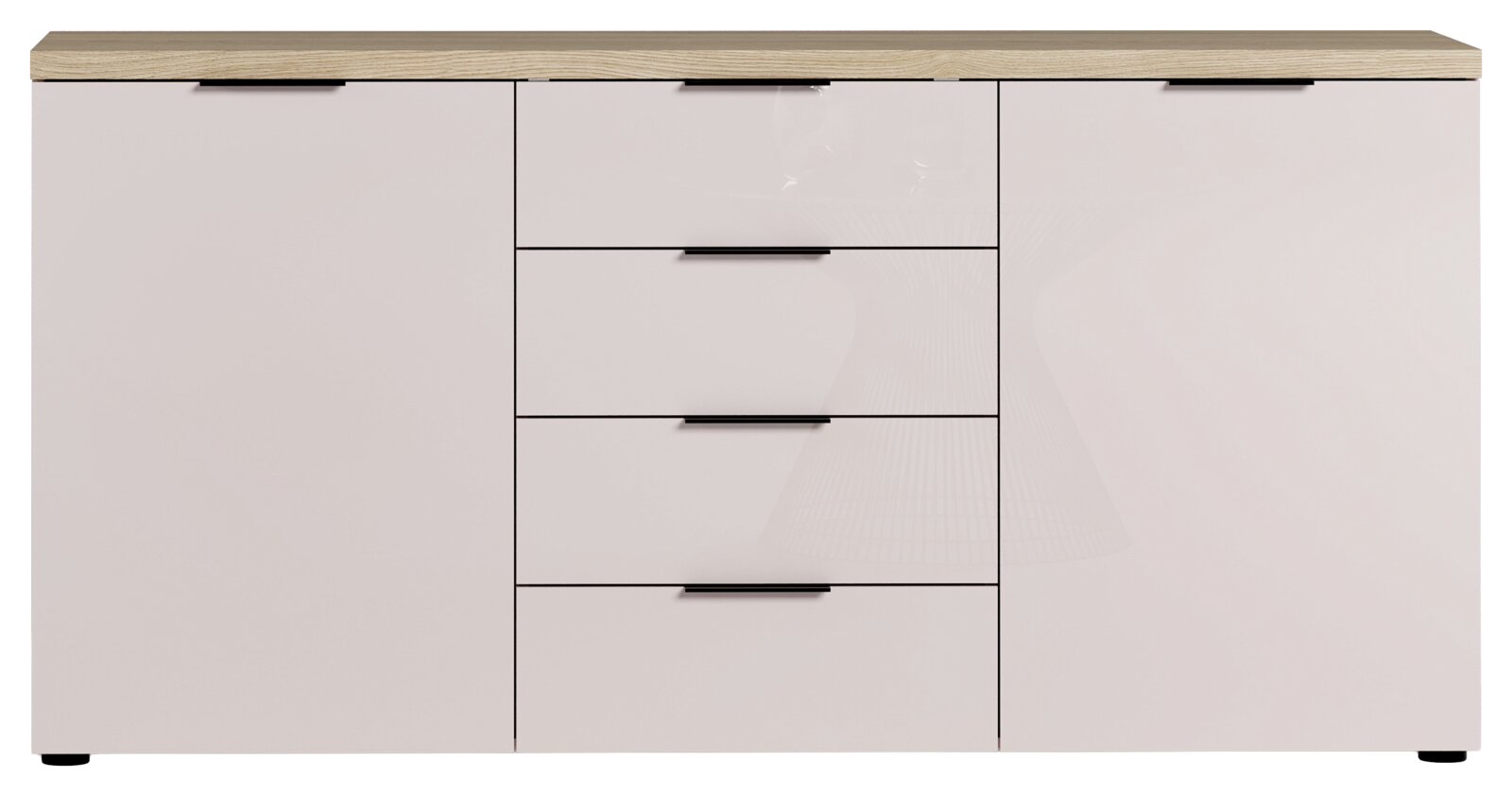Modernes Sideboard mit hellem Holzdeckel und weißen Fronten, frontal betrachtet