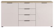 Modernes Sideboard mit hellem Holzdeckel und weißen Fronten, frontal betrachtet