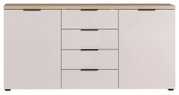 Modernes Sideboard mit hellem Holzdeckel und weißen Fronten, frontal betrachtet