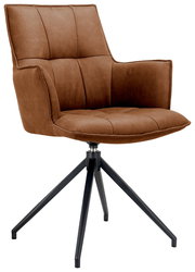 Moderner brauner Sessel mit gepolstertem Sitz und Rückenlehne, auf einem schwarzen Metallgestell mit vier Beinen. Perspektive: seitliche Ansicht.