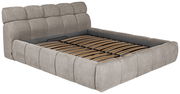 Polsterbettgestell in grauem Stoff mit Lattenrost, seitliche Perspektive