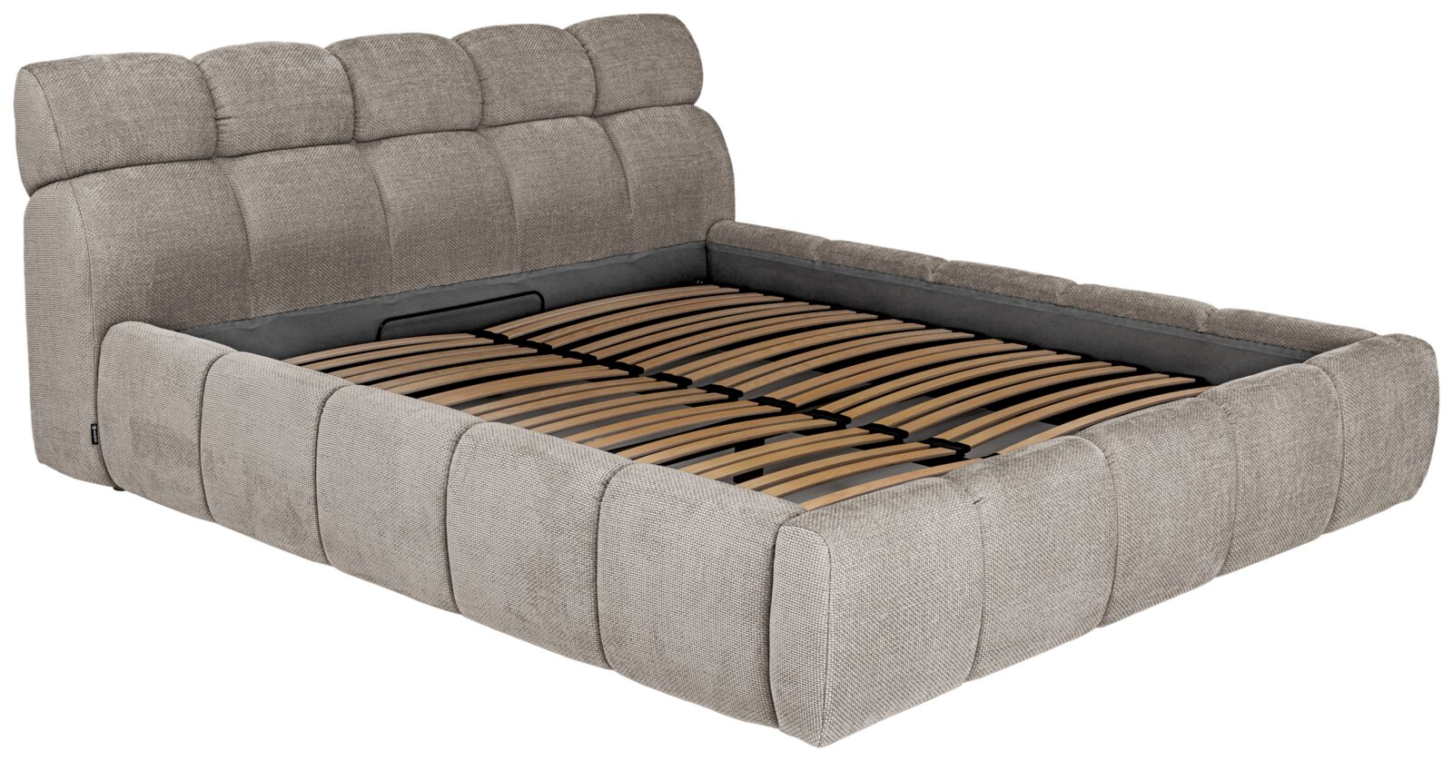 Gestoffeerd bedframe in grijze stof met lattenbodem, zijaanzicht