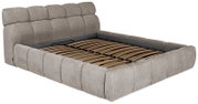 Gestoffeerd bedframe in grijze stof met lattenbodem, zijaanzicht