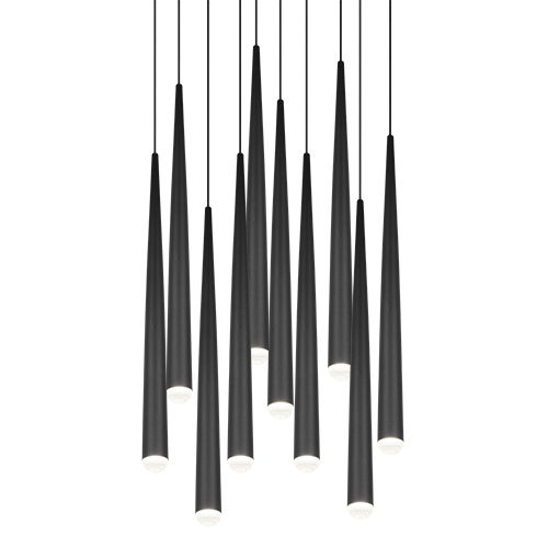 Moderne Pendelleuchte mit mehreren schwarzen, konischen Lampenschirmen, von unten betrachtet.