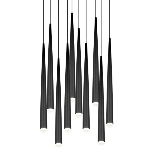 Moderne Pendelleuchte mit mehreren schwarzen, konischen Lampenschirmen, von unten betrachtet.