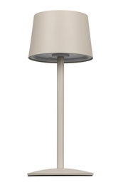 Moderne Akku-Tischleuchte in Beige, frontal abgebildet