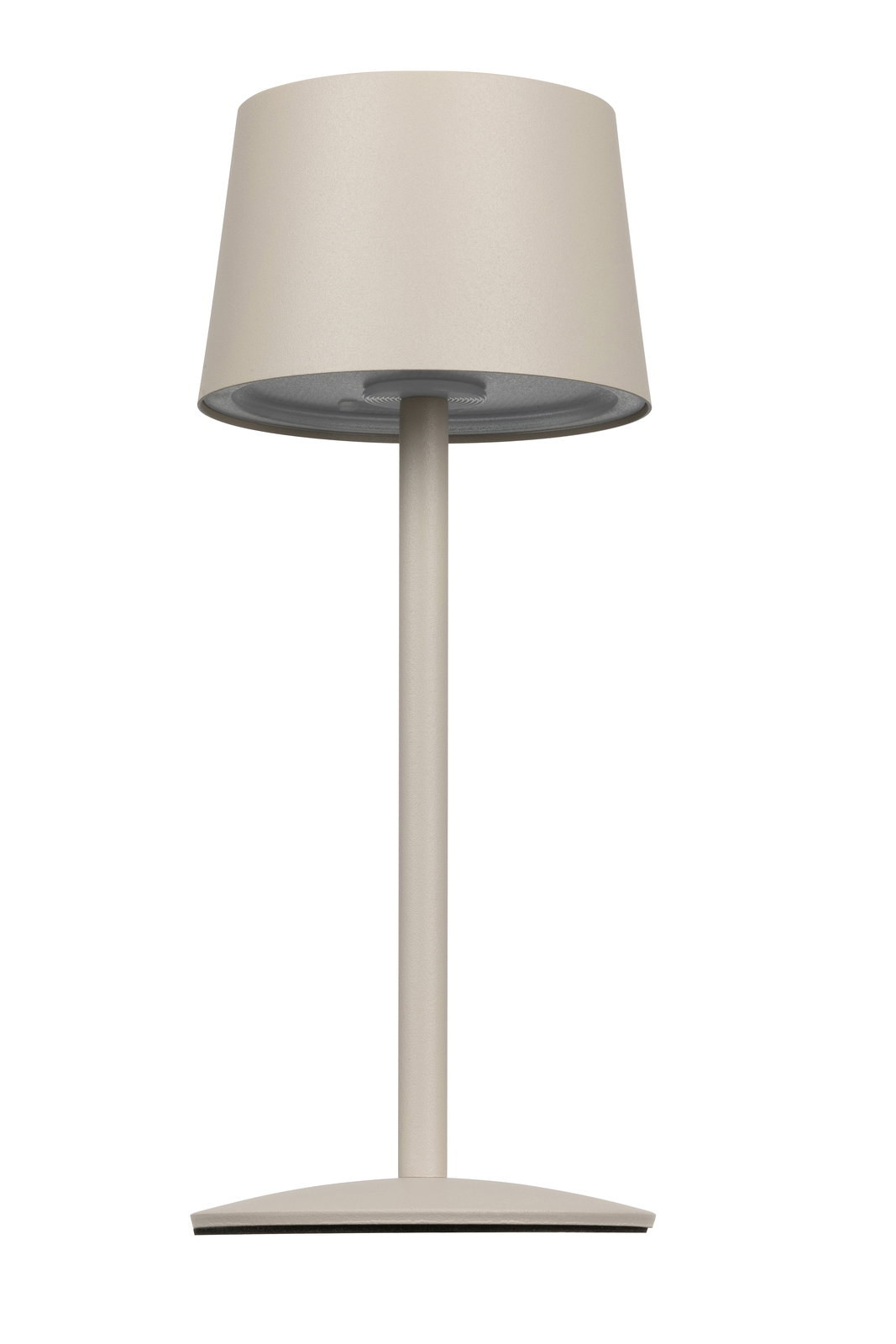Moderne Akku-Tischleuchte in Beige, frontal abgebildet