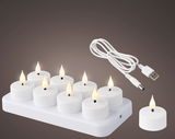 LED wiederaufladbare Teelichter auf Ladestation mit USB-Kabel, seitliche Perspektive
