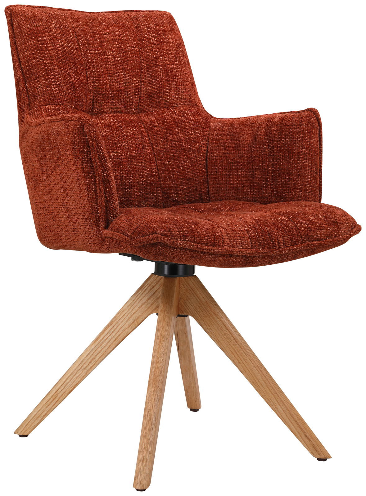 Moderner Sessel in Rostrot mit gepolstertem Sitz und Rückenlehne, auf einem vierbeinigen Holzgestell. Seitenansicht.