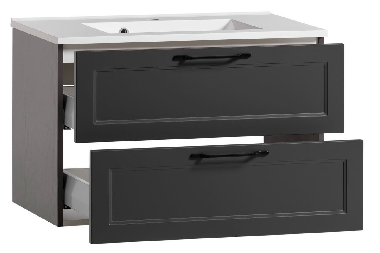 Waschtisch-Set mit zwei offenen Schubladen, seitliche Perspektive