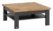 Moderner Couchtisch mit Holzplatte und schwarzem Gestell, seitliche Perspektive
