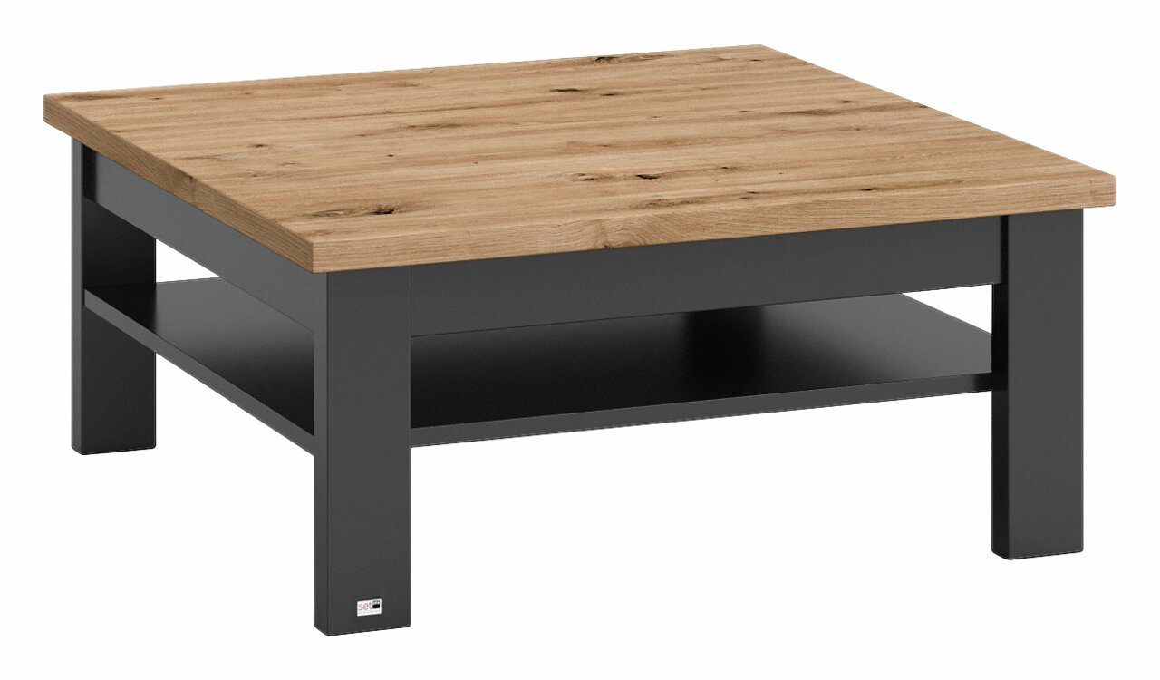 Moderner Couchtisch mit Holzplatte und schwarzem Gestell, seitliche Perspektive