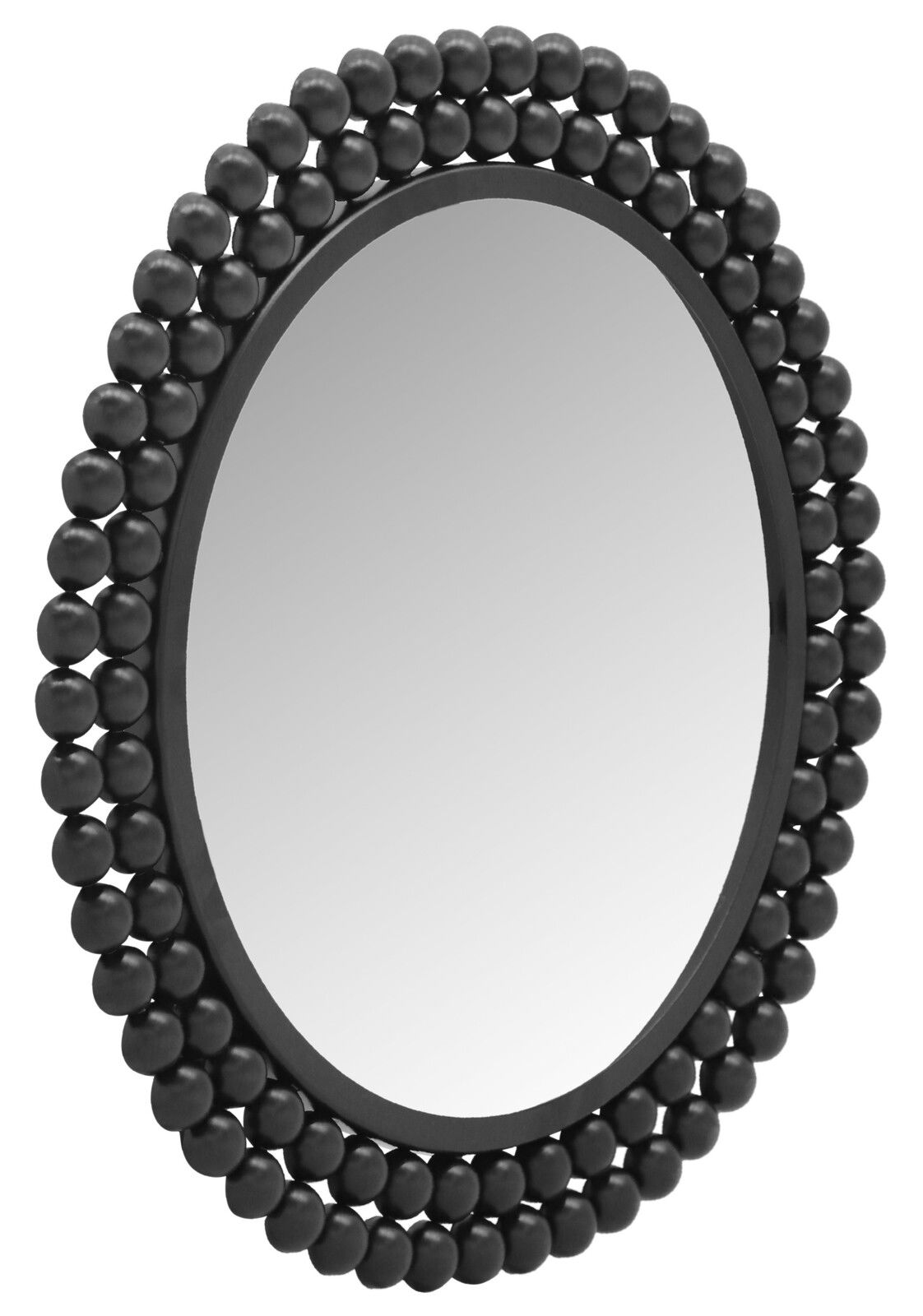 Runder Spiegel mit schwarzem, perlenartigem Rahmen, seitliche Perspektive