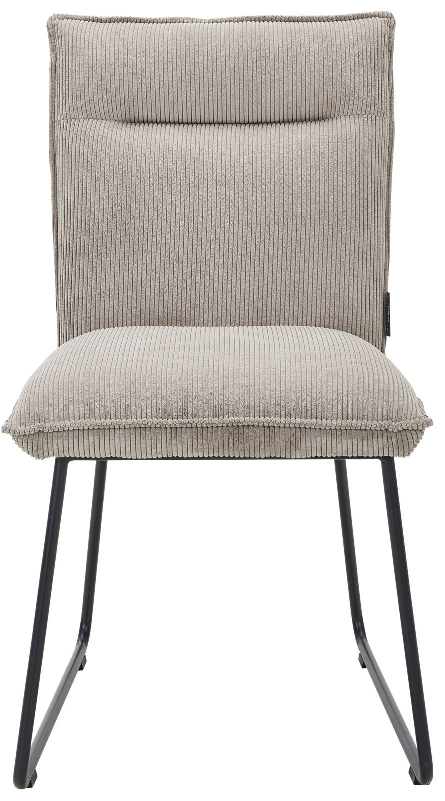 Moderner Stuhl mit grauem, geripptem Stoffbezug und schwarzen Metallbeinen, Frontalansicht.