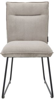 Moderner Stuhl mit grauem, geripptem Stoffbezug und schwarzen Metallbeinen, Frontalansicht.