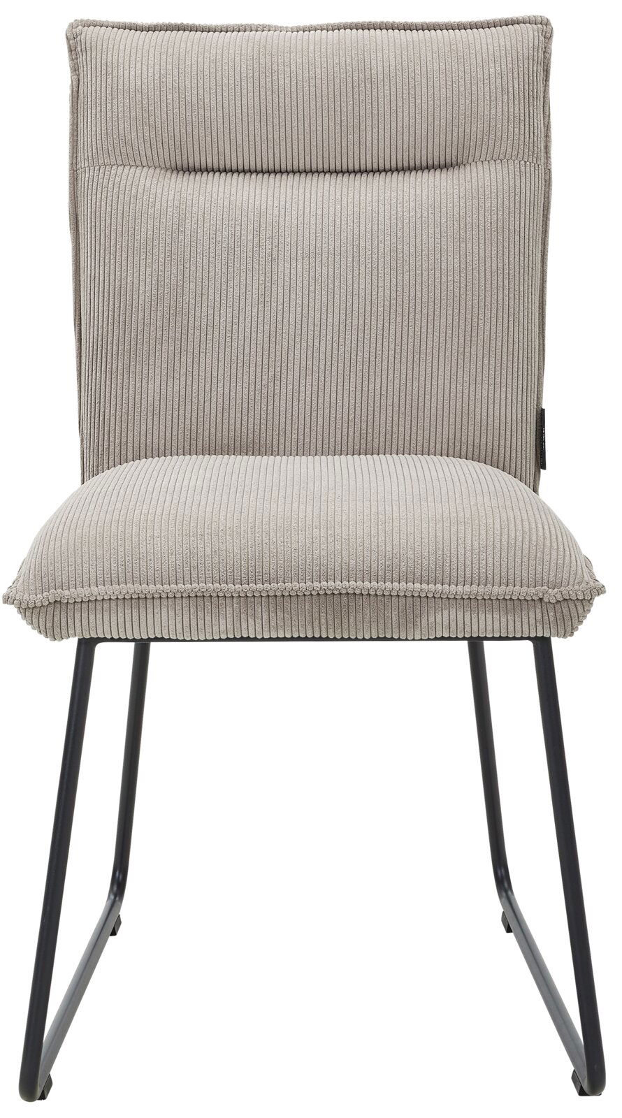 Moderner Stuhl mit grauem, geripptem Stoffbezug und schwarzen Metallbeinen, Frontalansicht.