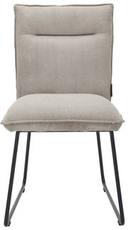 Moderner Stuhl mit grauem, geripptem Stoffbezug und schwarzen Metallbeinen, Frontalansicht.