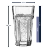 Longdrinkbecher ROCK aus Glas, gefüllt mit sprudelndem Wasser, seitliche Ansicht, 80 mm Durchmesser, 140 mm Höhe, 340 ml Fassungsvermögen.