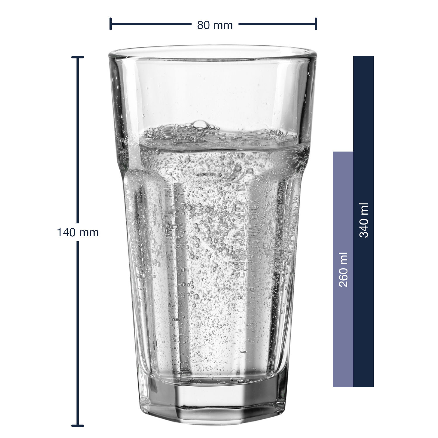 Leonardo Longdrinkbecher ROCK Longdrinkbecher ROCK aus Glas, gefüllt mit sprudelndem Wasser, seitliche Ansicht, 80 mm Durchmesser, 140 mm Höhe, 340 ml Fassungsvermögen.