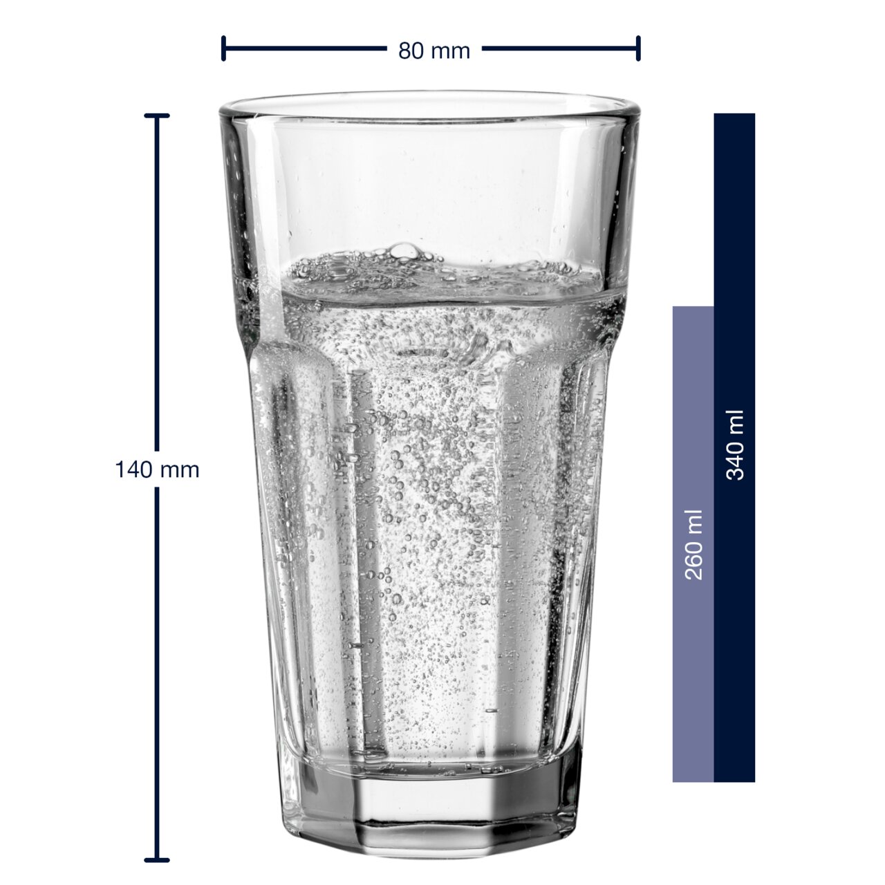 Leonardo Longdrinkbecher ROCK Longdrinkbecher ROCK aus Glas, gefüllt mit sprudelndem Wasser, seitliche Ansicht, 80 mm Durchmesser, 140 mm Höhe, 340 ml Fassungsvermögen.