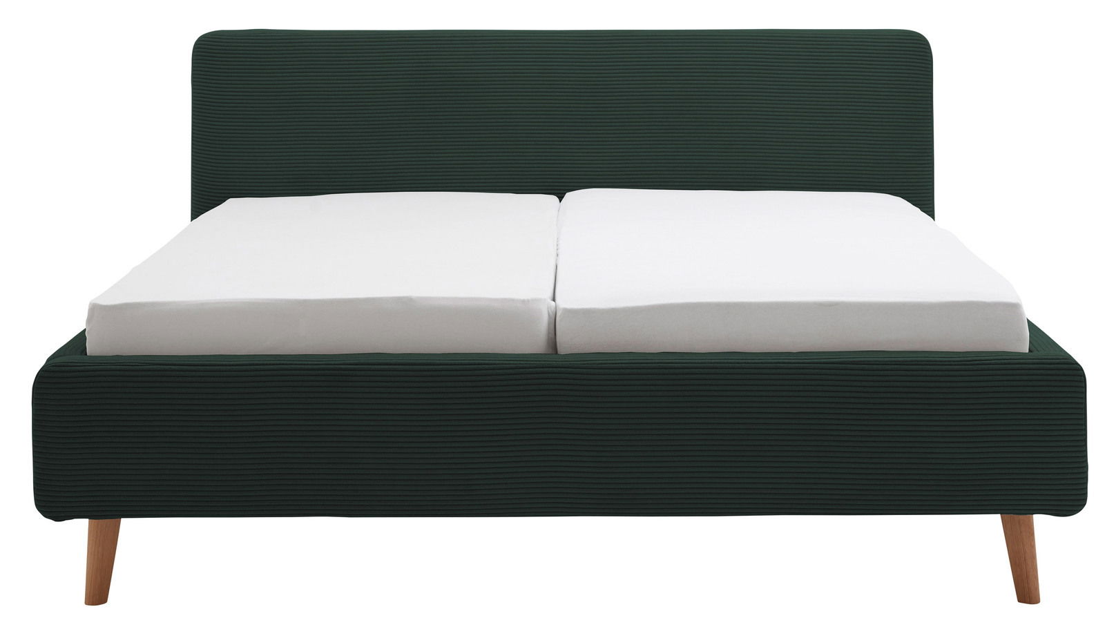 Polsterbettgestell in dunklem Grün mit zwei weißen Matratzen, frontal betrachtet.