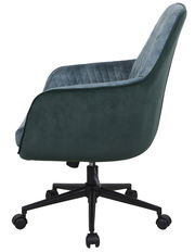 Seitenansicht eines modernen Drehstuhls mit gepolstertem Sitz und Rückenlehne in Blaugrün, auf einem schwarzen Rollfuß.