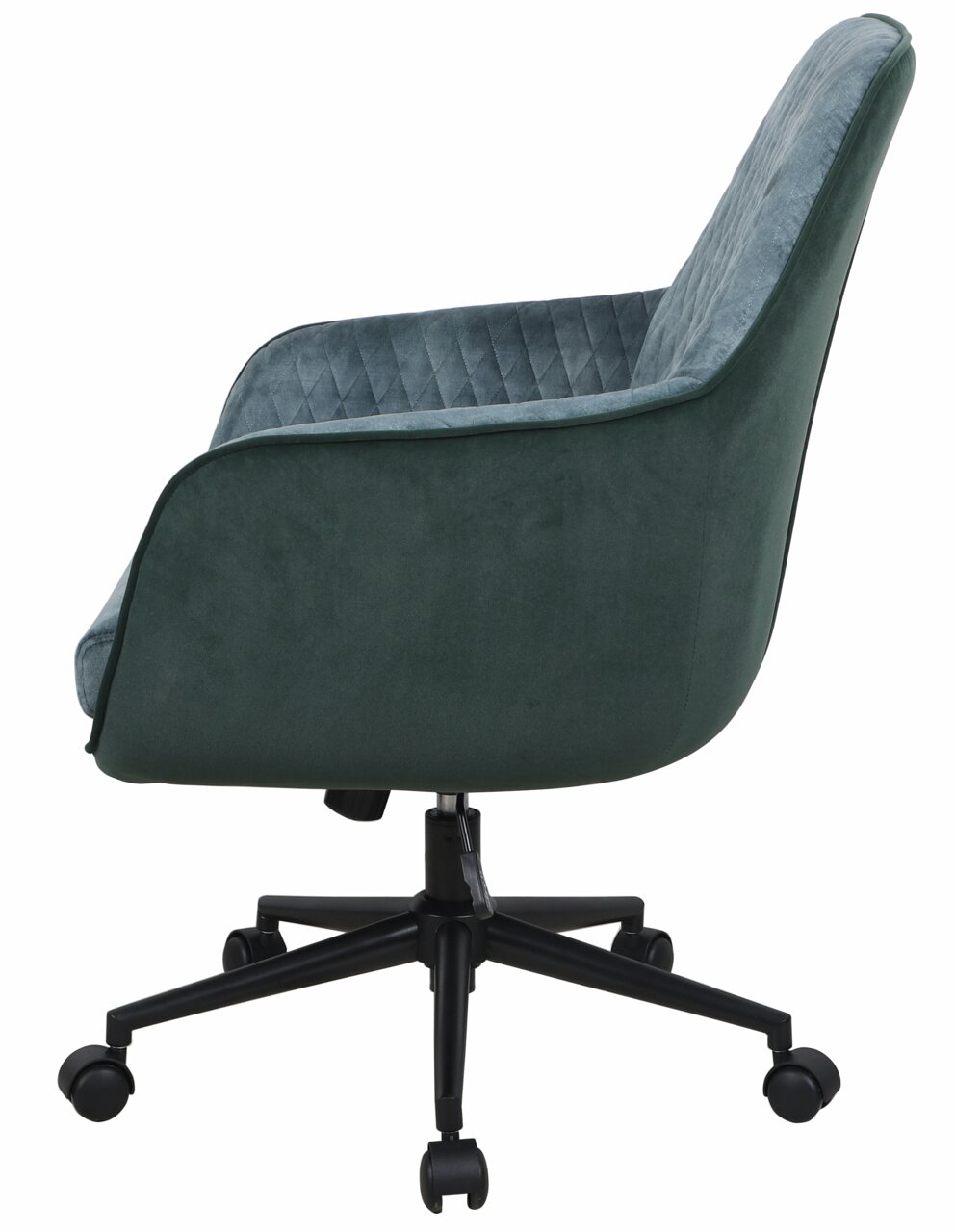 Zijaanzicht van een moderne draaistoel met een blauwgroene gestoffeerde zitting en rugleuning, op een zwart onderstel met wieltjes.