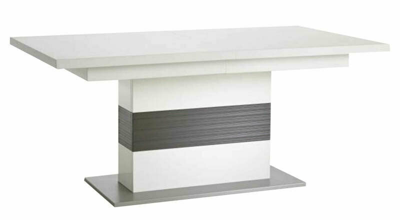 Moderner weißer Esstisch mit rechteckiger Tischplatte und grauem Akzentstreifen, seitliche Perspektive
