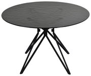 Runder Esstisch mit schwarzer Tischplatte und modernen, geometrischen Metallbeinen, seitliche Perspektive