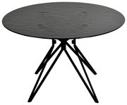 Runder Esstisch mit schwarzer Tischplatte und modernen, geometrischen Metallbeinen, seitliche Perspektive