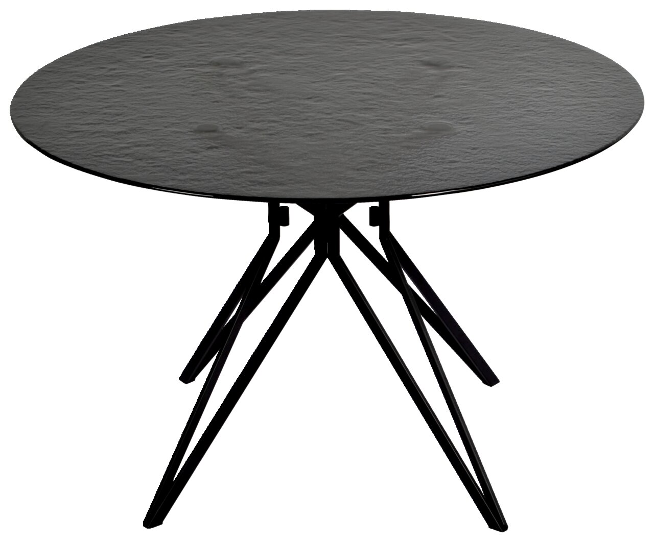 Runder Esstisch mit schwarzer Tischplatte und modernen, geometrischen Metallbeinen, seitliche Perspektive