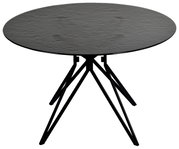 Ronde eettafel met zwart tafelblad en moderne, geometrische metalen poten, zijaanzicht