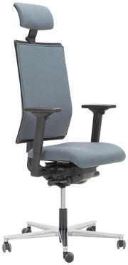 Moderner Drehstuhl mit hoher Rückenlehne und Kopfstütze, seitliche Perspektive