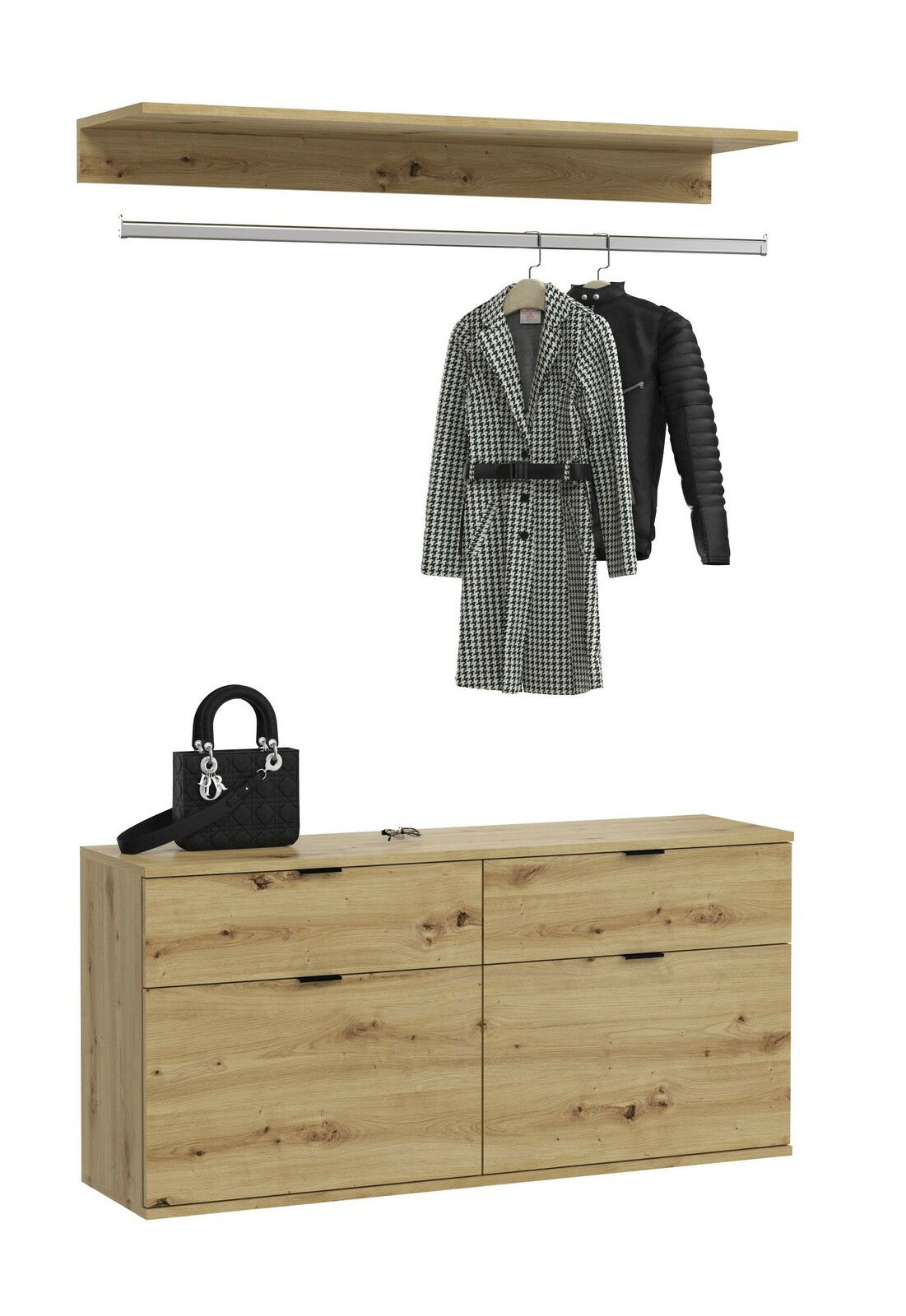 Kommode aus Holz mit vier Schubladen, darüber eine Kleiderstange mit zwei Jacken und ein Regalbrett. Perspektive: Frontalansicht.