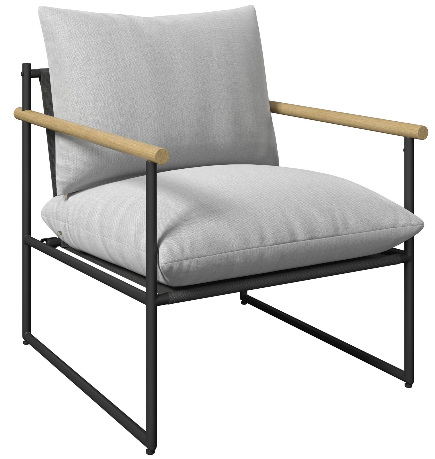 Moderner Gartenstuhl mit hellgrauen Kissen, schwarzem Metallrahmen und Holzarmlehnen, seitliche Perspektive