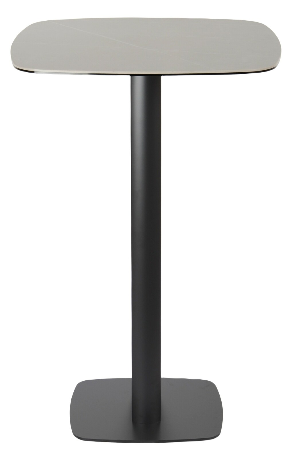 Moderner Bartisch mit quadratischer Tischplatte und schwarzem, zentralem Standfuß, frontal abgebildet.