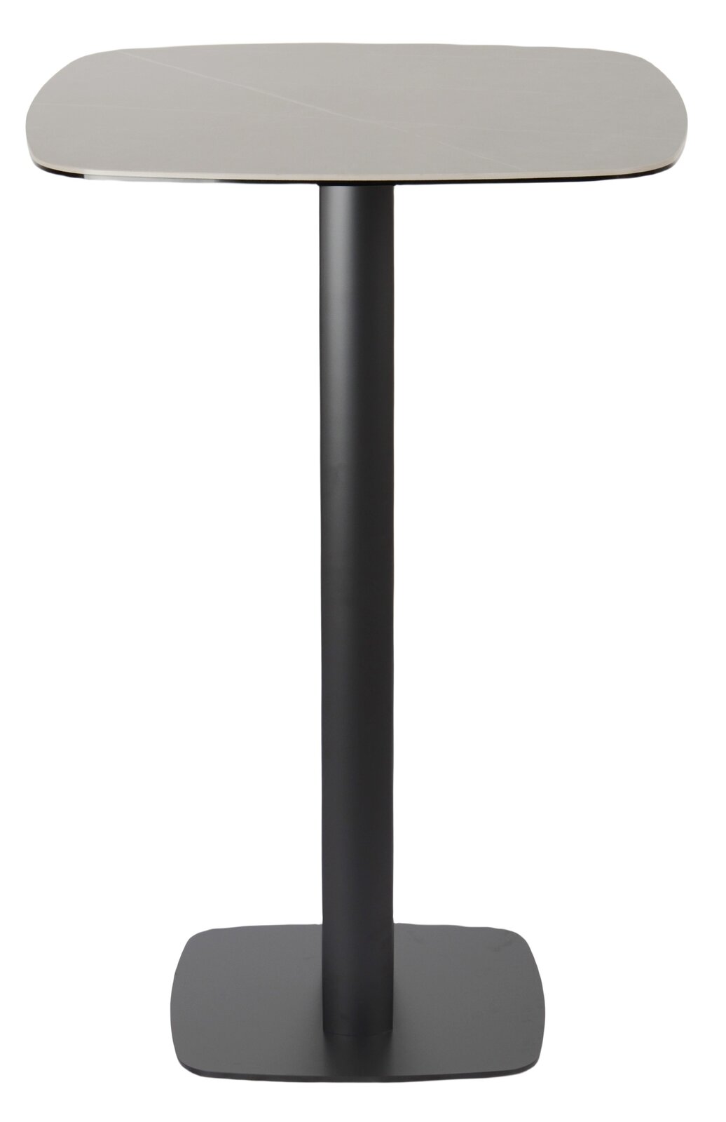 Moderner Bartisch mit quadratischer Tischplatte und schwarzem, zentralem Standfuß, frontal abgebildet.