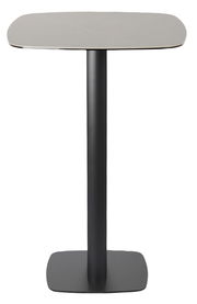 Moderner Bartisch mit quadratischer Tischplatte und schwarzem, zentralem Standfuß, frontal abgebildet.