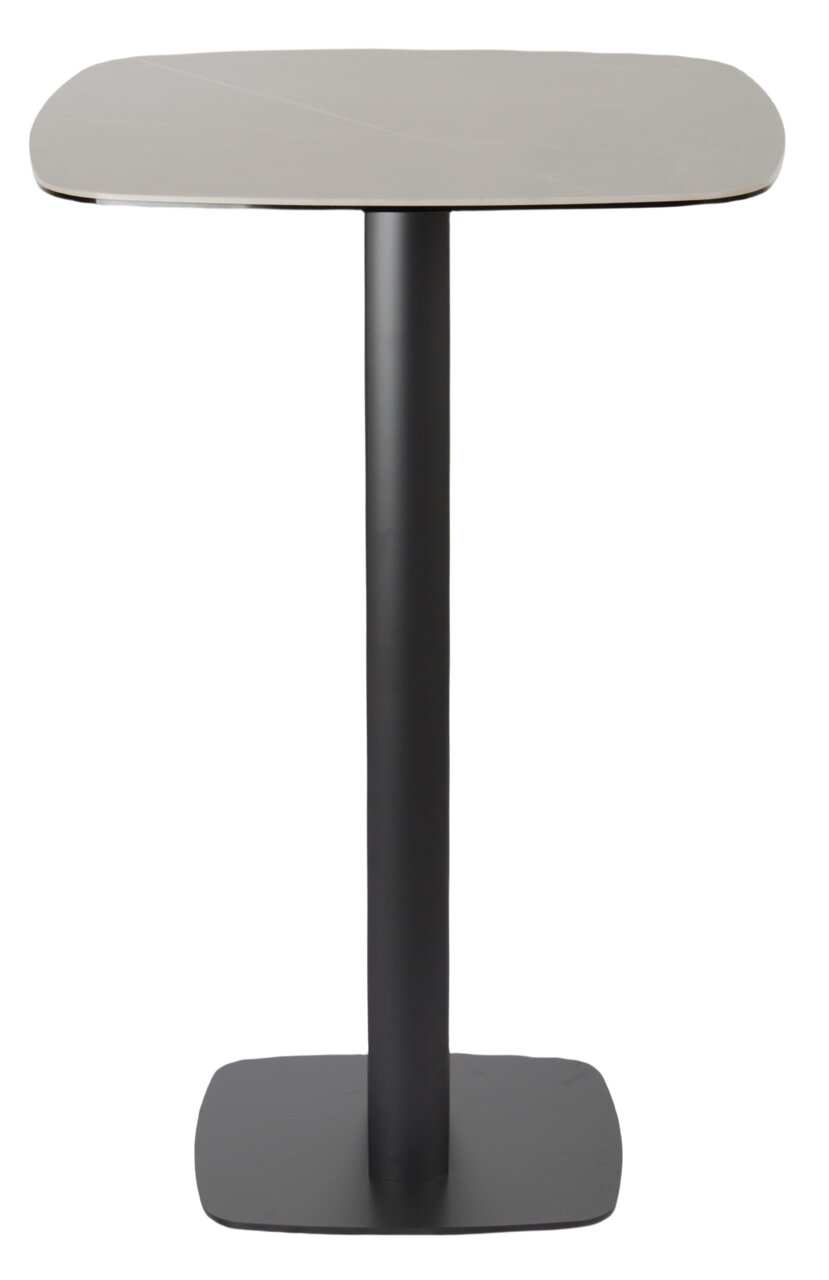 Moderner Bartisch mit quadratischer Tischplatte und schwarzem, zentralem Standfuß, frontal abgebildet.