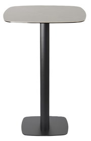 Moderner Bartisch mit quadratischer Tischplatte und schwarzem, zentralem Standfuß, frontal abgebildet.