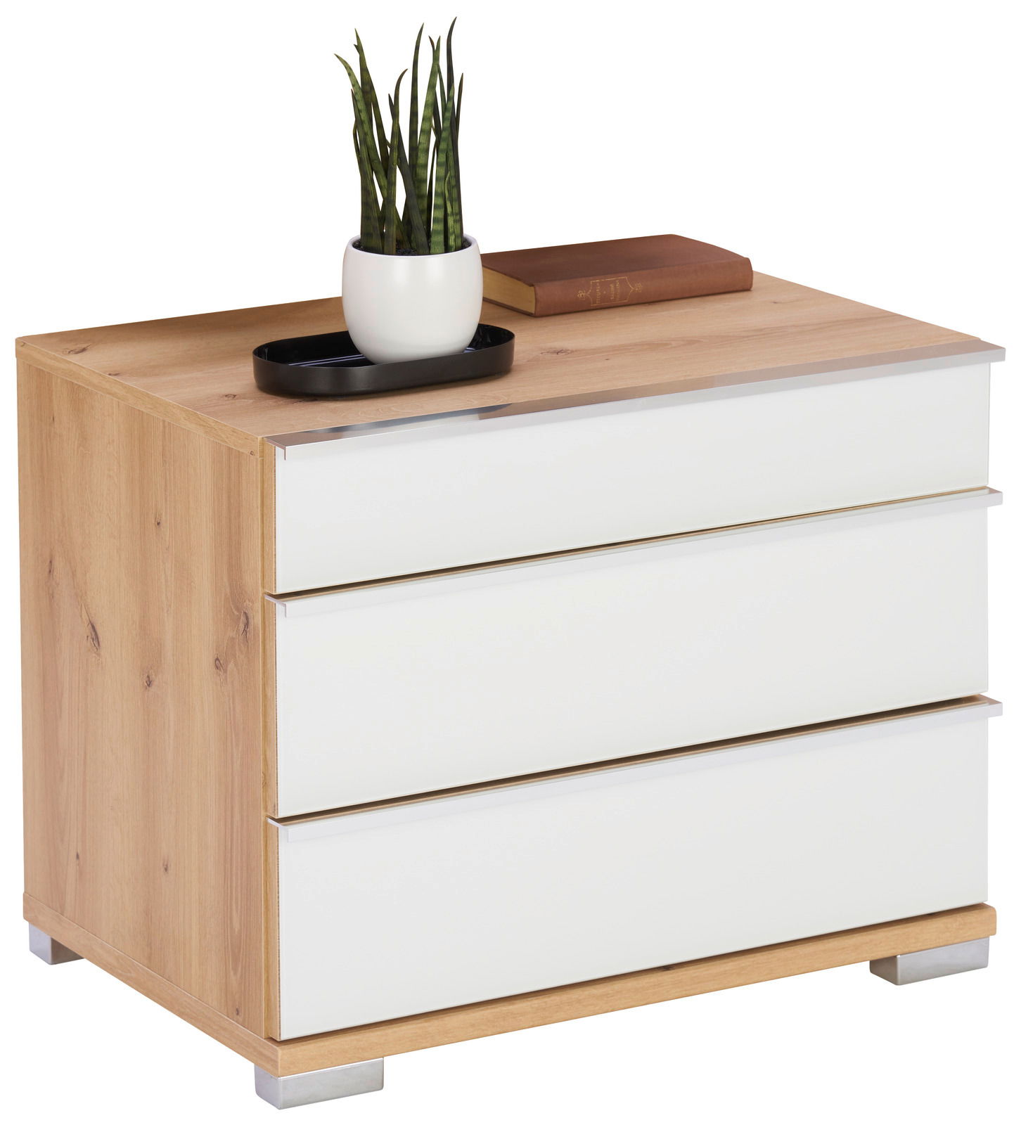 Venda Nachtschrank-Set LOFT Nachtschrank mit drei Schubladen in Holzoptik und weißen Fronten, dekoriert mit einer Pflanze und einem Buch, seitliche Perspektive