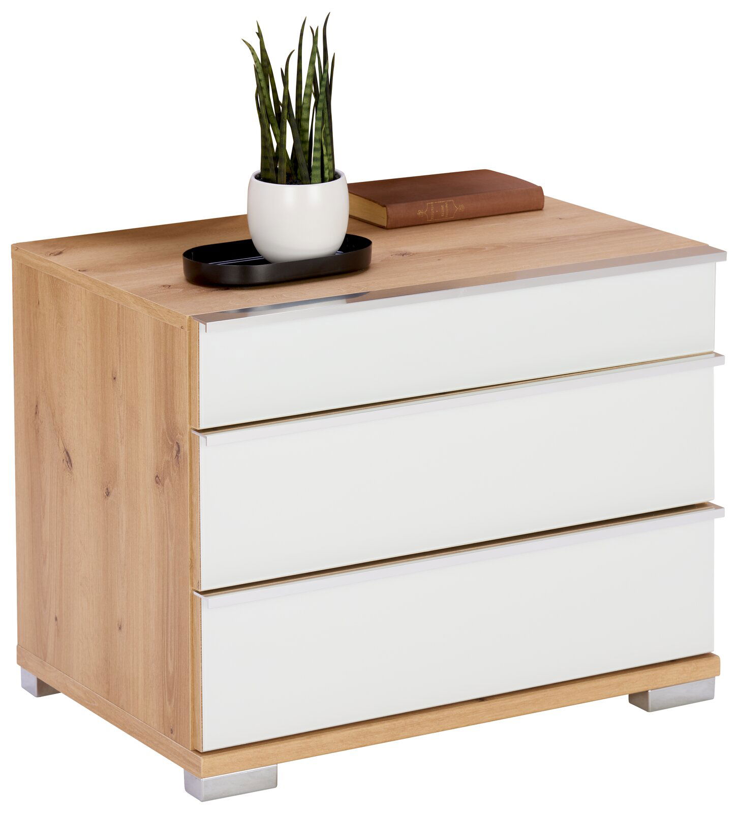 Venda Nachtschrank-Set LOFT Nachtschrank mit drei Schubladen in Holzoptik und weißen Fronten, dekoriert mit einer Pflanze und einem Buch, seitliche Perspektive