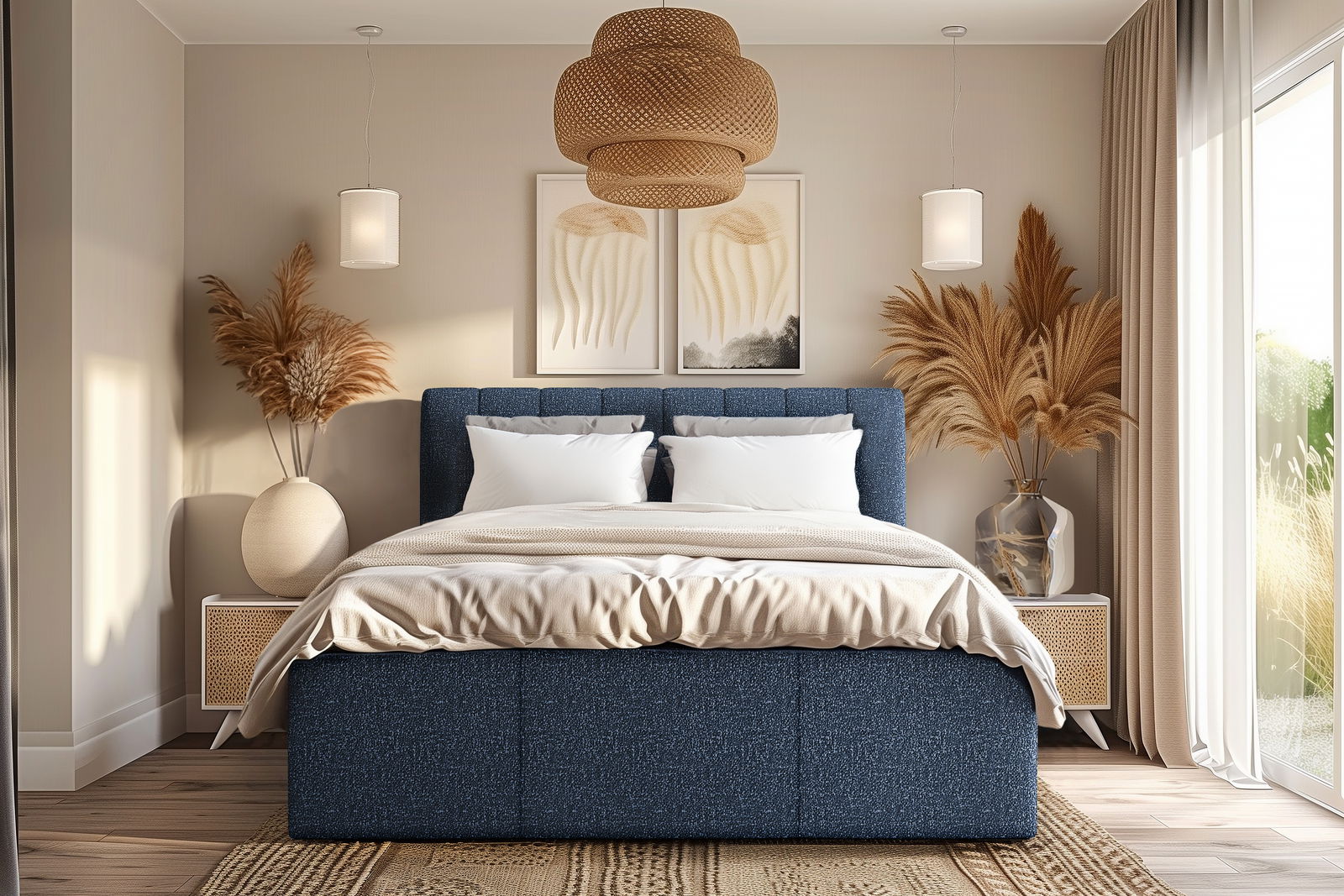 Z2 Polsterbett ELMA Frontale Ansicht eines stilvollen Polsterbetts ELMA in einem modernen Schlafzimmer mit blauen Stoffbezug, flankiert von Nachttischen und dekorativen Pflanzen.