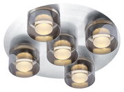 Moderne LED-Deckenleuchte mit fünf runden Leuchtkörpern, Ansicht von unten.