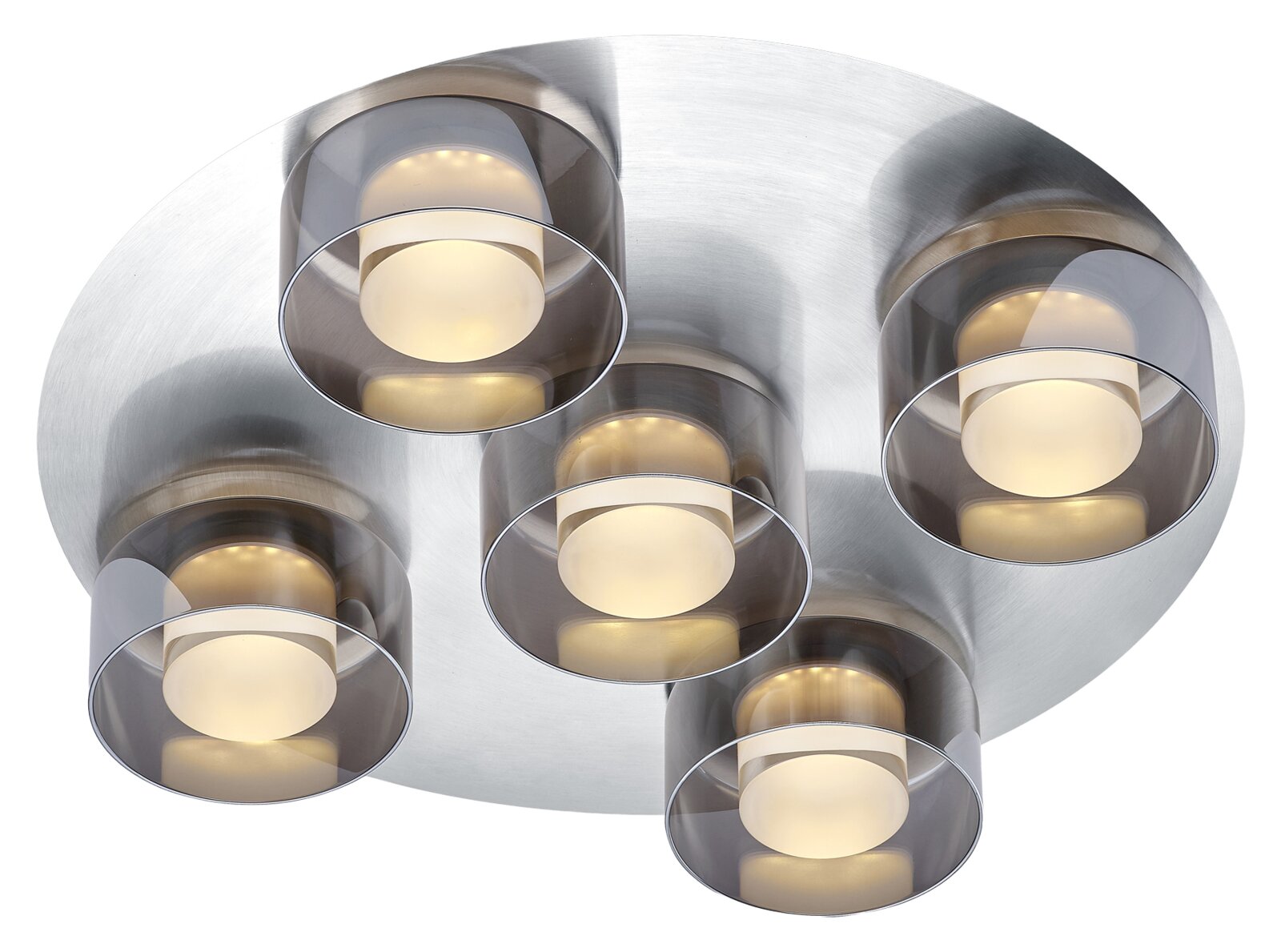 Moderne led-plafondlamp met vijf ronde lampen, gezien van onderaf.
