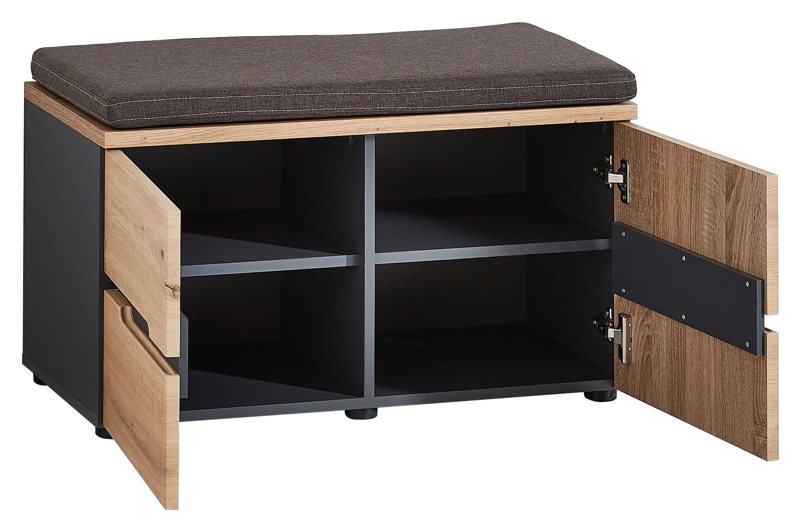 Garderoben-Set mit Sitzbank, Holzoptik, geöffnete Türen, seitliche Perspektive