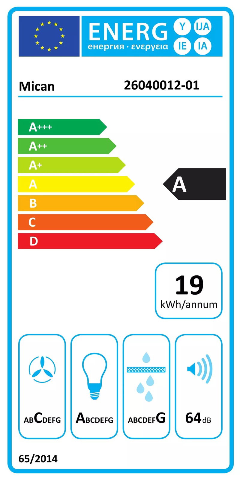 Energieeffizienzlabel für eine Dunstabzugshaube, Energieklasse A, jährlicher Energieverbrauch 19 kWh, Schallleistung 64 dB, Frontalansicht
