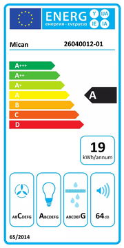 Energieeffizienzlabel für eine Dunstabzugshaube, Energieklasse A, jährlicher Energieverbrauch 19 kWh, Schallleistung 64 dB, Frontalansicht