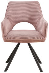Vorderansicht eines modernen Armlehnstuhls mit rosa, geripptem Stoffbezug und schwarzen Metallbeinen.
